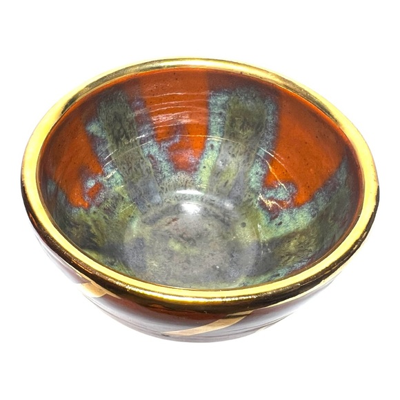 Stoneware Pottery Bowl with Genuine 18k Gold Trim in Rust & Olive Layered Glazes - Picture 10 of 13